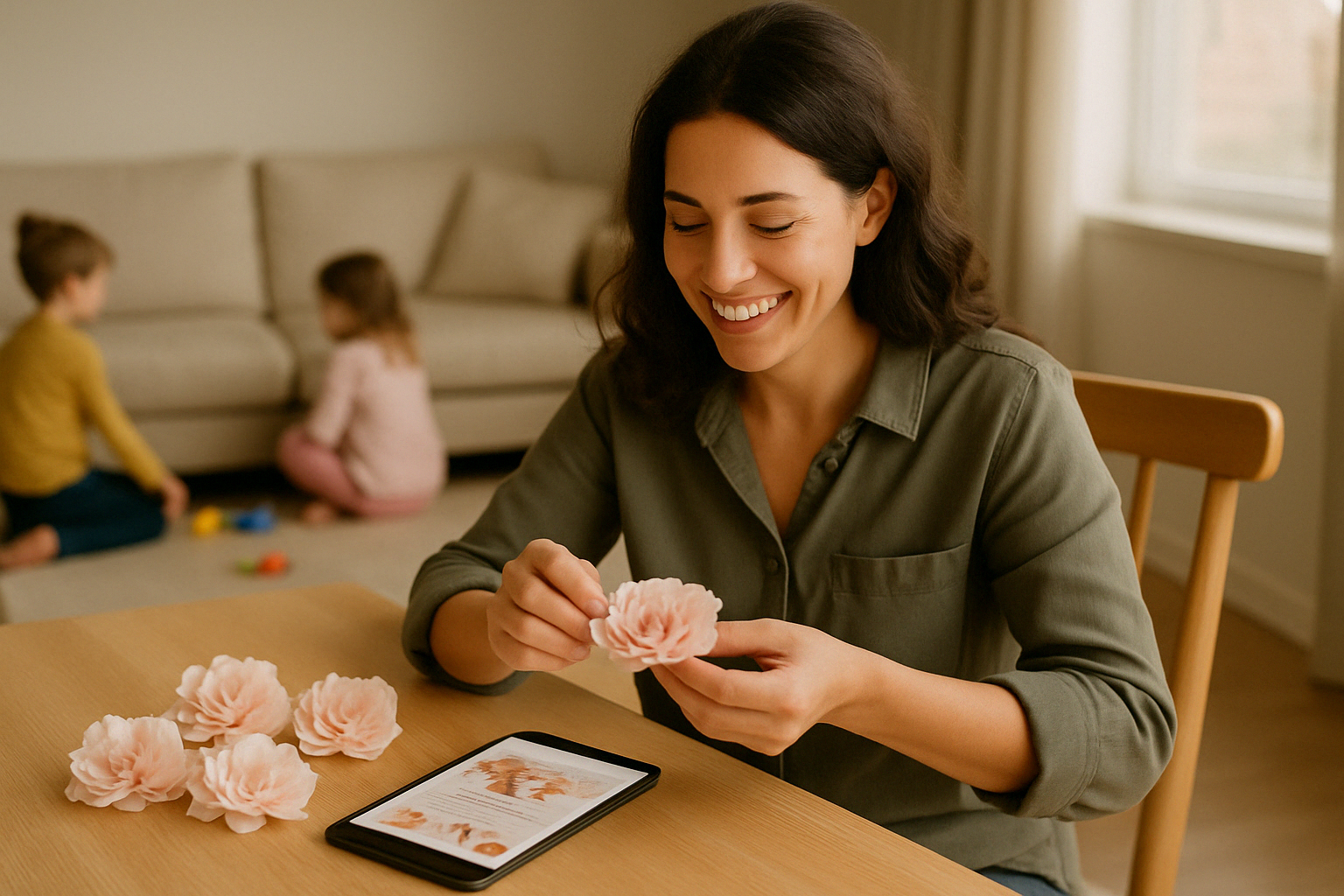 Aluna trabalhando em casa com seus filhos — Arte em Flores